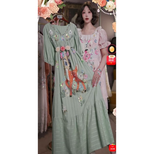 0522直播303高端618抢先购鹿翡翠绿公主刺绣连衣裙80-120