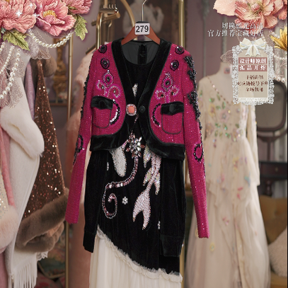 1218直播279彩蛋双旦福利新品水晶鲸鱼刺绣外套裙子两件套80-120