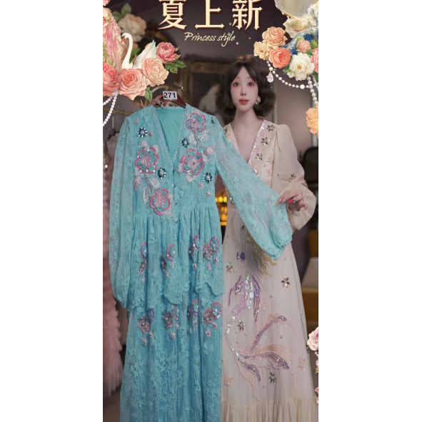 0514直播271高端夏上新提夫尼蓝重工水晶刺绣洛可可公主裙80-120