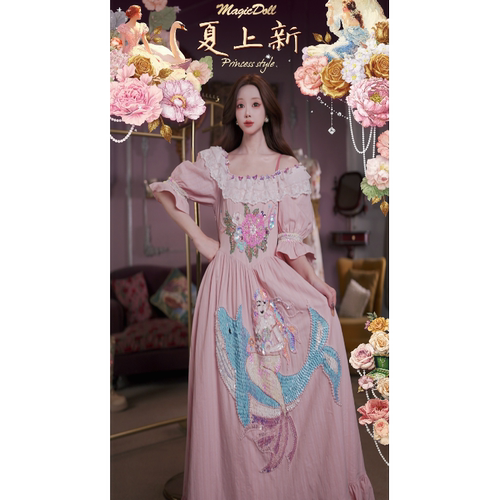 0723直播158洛可可复古[绮梦仙境]中古蕾丝领刺绣赫本长裙