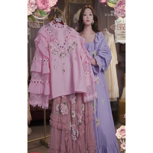 0314直播170高端春上新重工芍药粉衬衣半裙刺绣2件套80 120