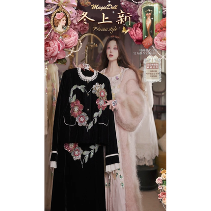 1018直播237高端双11抢先购富家千金黑丝绒外套半裙2件套80-120