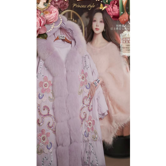 1020直播258高端双11抢先购淡雅紫羽绒服水晶花卉刺绣80-120