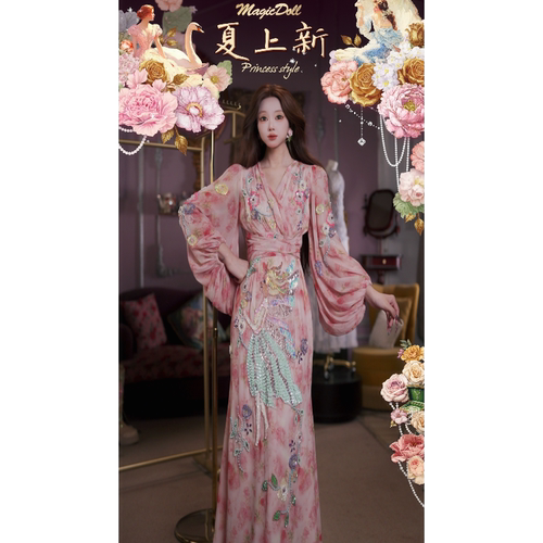 0717直播146洛可可东方美学[花漾花仙]莫兰迪色系国风高腰鱼尾裙