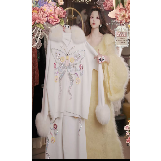 1103直播274高端双11抢先购名媛白蝴蝶毛衣裤子刺绣2件套80-120