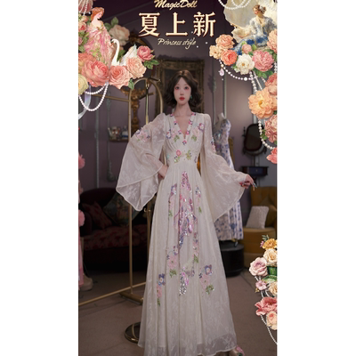 0517直播149洛可可珍藏级·晨雾人鱼·高定丝绸刺绣蝴蝶袖连衣裙