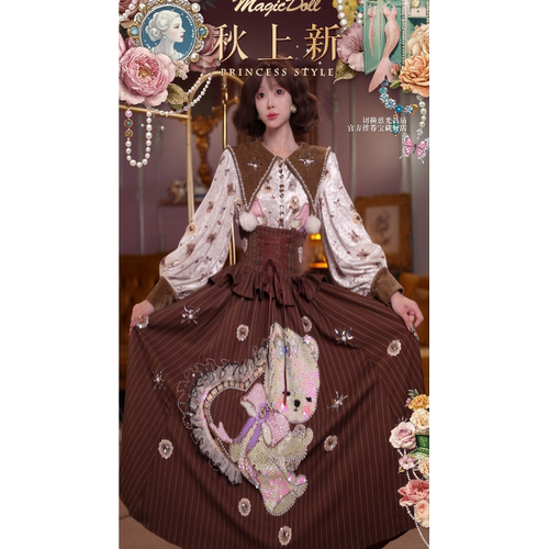 0927直播131洛可可秋冬[维多利亚小熊]天鹅绒披肩上衣束腰裙3件套