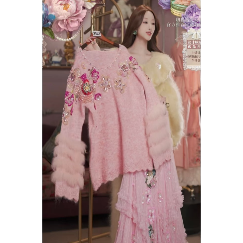 0302直播262高端元宵喜乐新品慕斯粉水晶刺绣上衣裙子2件套80-120