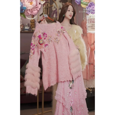 0302直播262高端元宵喜乐新品慕斯粉水晶刺绣上衣裙子2件套80-120