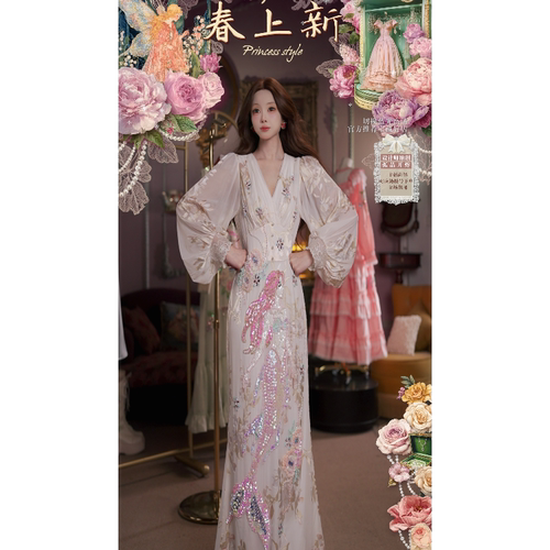 0405直播126洛可可Zhi臻芍药人鱼·东方美学浮光肌理公主袖连衣裙