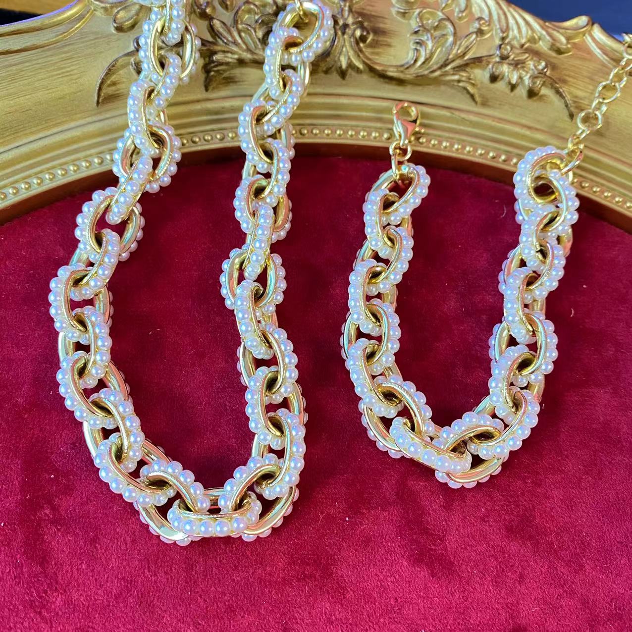 电镀真金珍珠款重工套装颈链+手链+耳钉 复古宫廷风珍珠项链手链