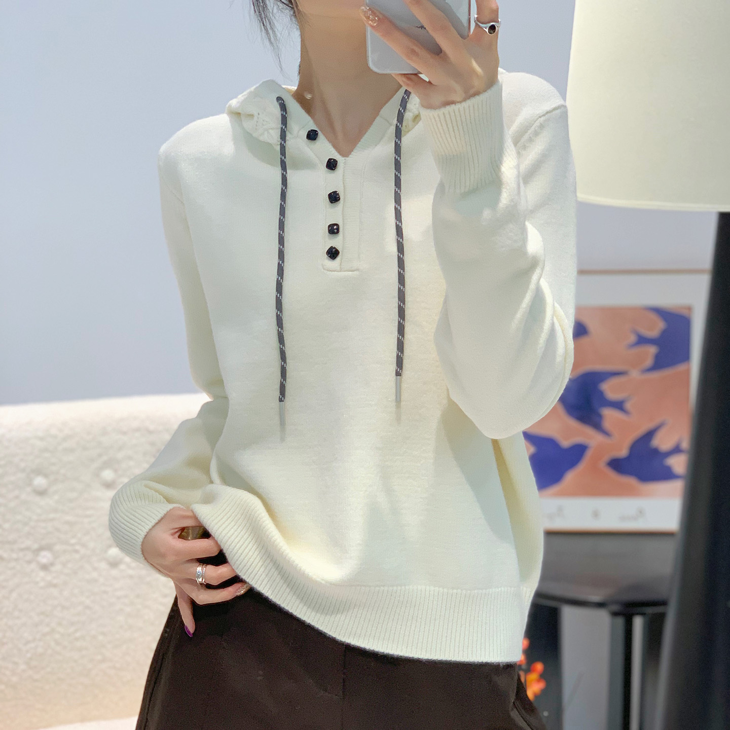 休闲连帽针织衫女宽松显瘦百搭纽扣装饰长袖毛衣上衣