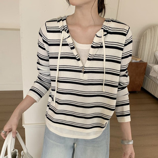 慵懒风假两件连帽拉链针织衫女灰色宽松设计感毛衣外搭