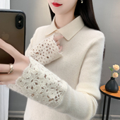 娃娃领毛衣女白色重工钩花袖 上衣 百搭长袖 口针织衫 时尚
