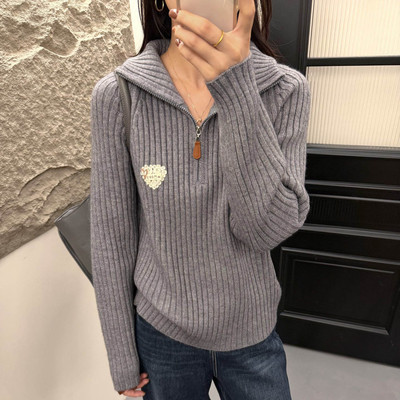 灰色连帽半拉链麻花针织毛衣女显瘦百搭打底衫