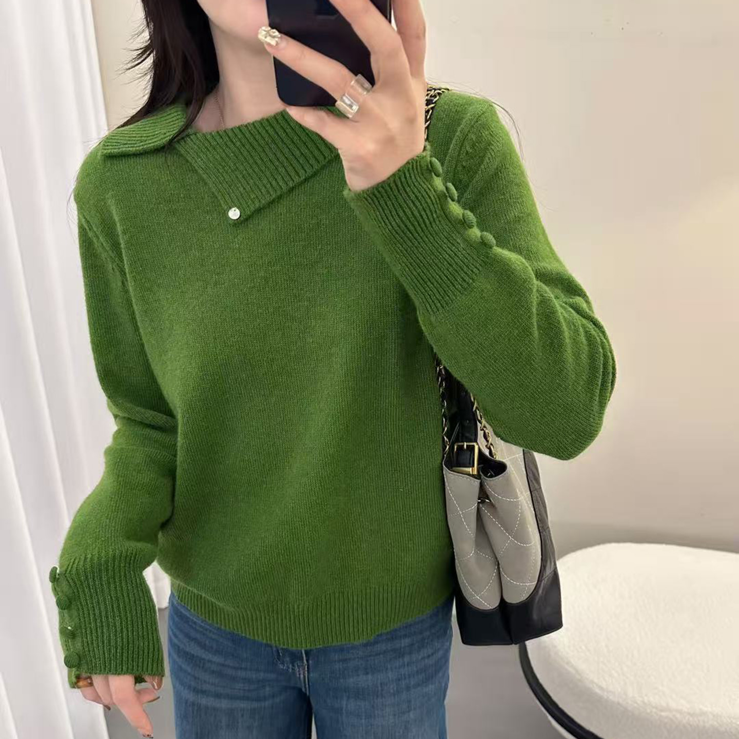 温柔风翻领针织衫女绿色显瘦百搭气质毛衣上衣