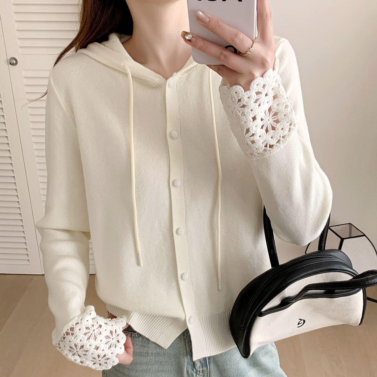 软糯风连帽毛衣女白色蕾丝袖口开衫针织衫百搭高级感,女装/女士精品,毛针织衫,淘宝优惠券,粉丝福利购,淘宝优惠卷