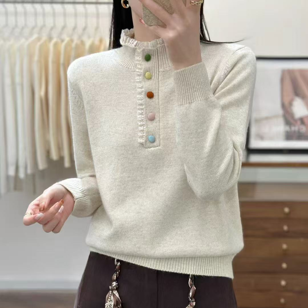 淑女风蕾丝花边半开领毛衣女彩色扣子针织衫百搭显瘦