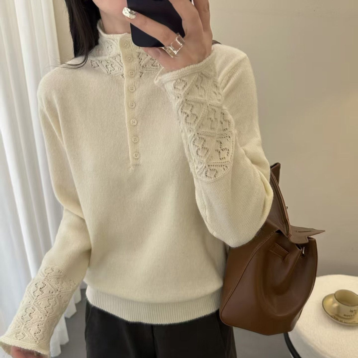 温柔风重工镂空蕾丝高领针织衫女单排扣百搭毛衣打底衫,女装/女士精品,毛针织衫,淘宝优惠券,粉丝福利购,淘宝优惠卷