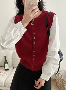 欧货宽松休闲百搭圆领彩色扣衬衫女设计感针织拼接衬衣假两件开衫