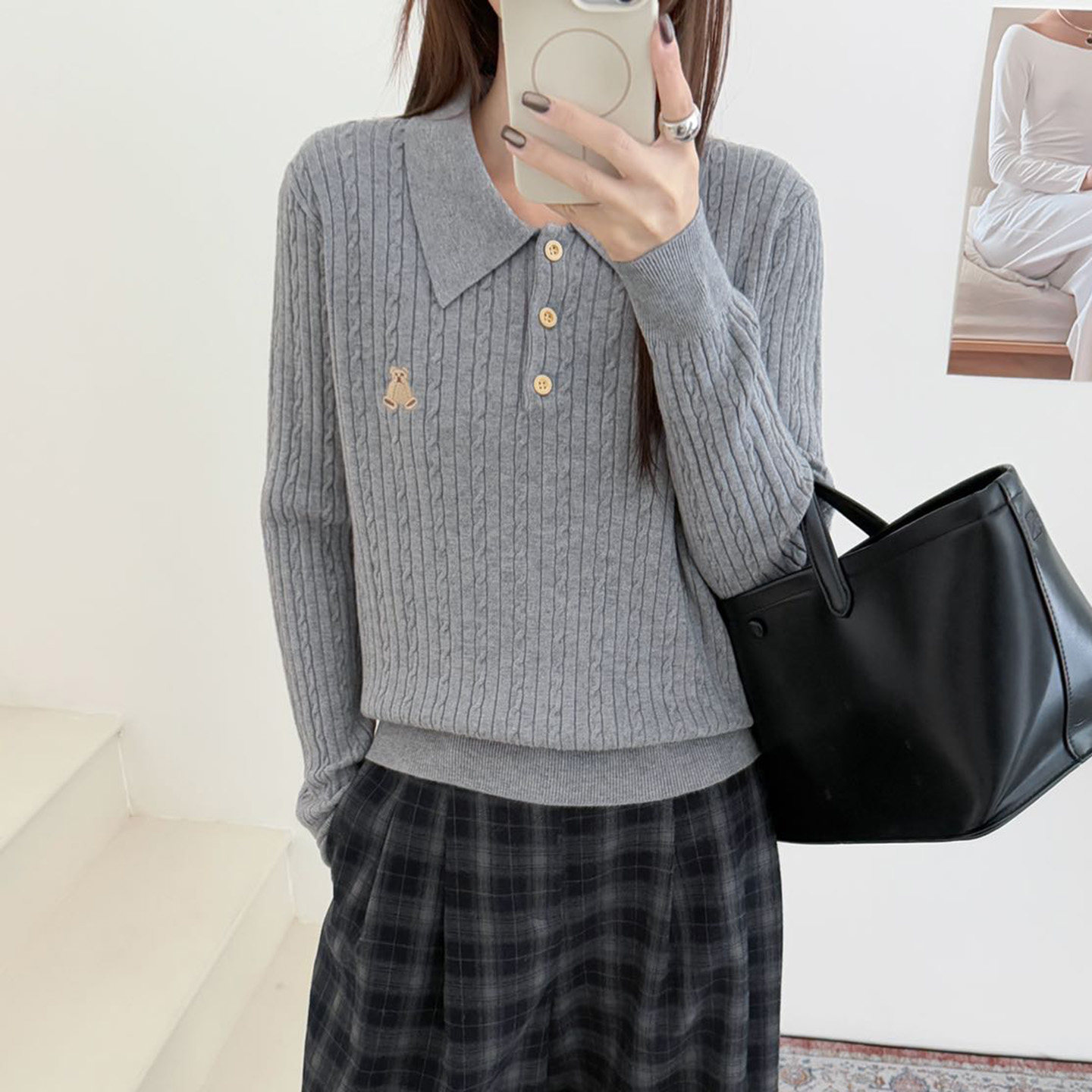 POLO领小熊刺绣麻花针织衫女红色百搭高级感毛衣上衣