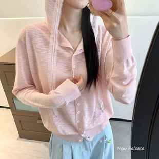 白色连帽针织开衫女长袖单排扣宽松百搭薄款显瘦上衣外套