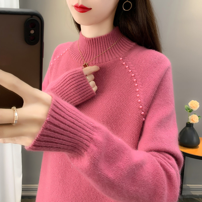 秋冬新款半高领钉珠针织衫毛衣内搭打底衫彩片内搭女装韩版洋气潮