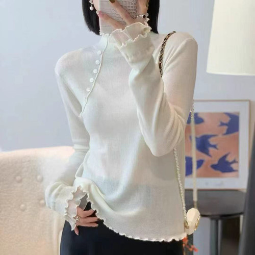 淑女风半高领木耳边针织衫女白色纽扣修身显瘦打底毛衣