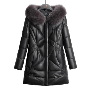 冬新款 狐狸毛领连帽外套海宁皮衣绵羊皮真皮羽绒服中老年大码
