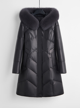 女士大码海宁真皮鹅绒服大狐狸毛领真皮皮衣显瘦外套绵羊皮妈妈装