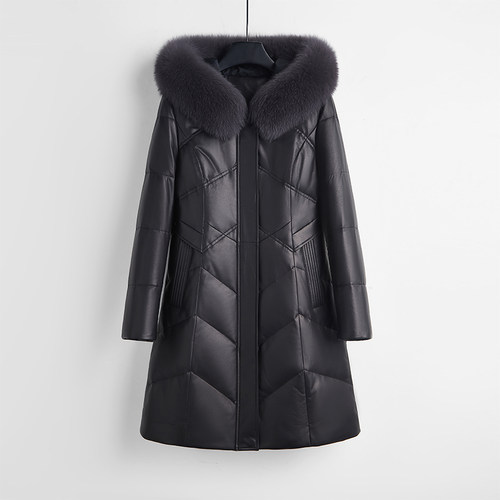 法歌弟大码女中长款真皮90鹅绒服