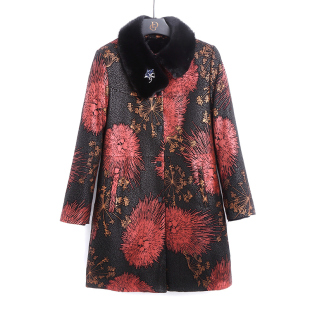 中老年印花皮草真皮皮衣女水貂毛领内胆妈妈装 羽绒服 绵羊皮中长款