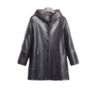 法歌弟加大码中老年人真皮皮衣女中长款海宁连帽绵羊皮羽绒服外套