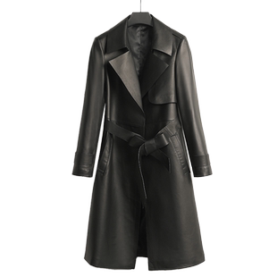 女士真皮风衣长款外套2022年新款海宁时尚修身绵羊皮皮衣真皮腰带