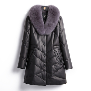 绵羊皮皮衣皮草外套 狐狸毛领中长款 中老年大码 真皮羽绒服女妈妈装