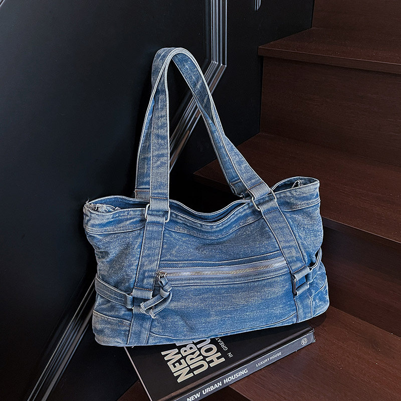 牛仔包休闲文艺单肩包ins简约纯色大容量托特包时尚复古手提女包