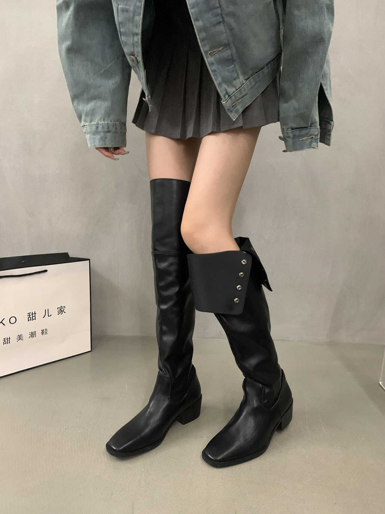 两穿翻折厚底长筒靴2024秋季新款皮靴粗跟过膝骑士靴套筒女靴单潮