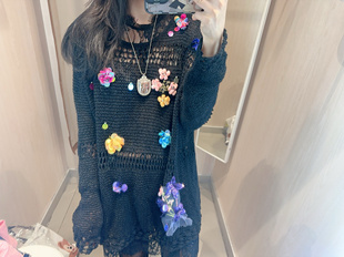 度假风设计师款 镂空重工珠片花朵渔网上衣2件套