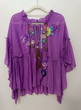 2025秋季新品意大利波西米亚风紫色重工珠片上衣