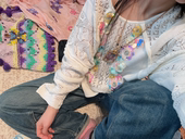 春款 镂空设计重工花朵宽松灯笼款 针织上衣