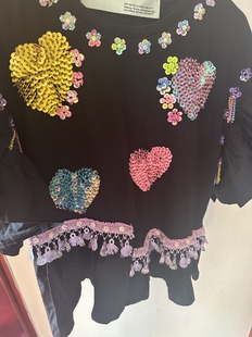 上衣 重工钉珠刺绣亮片黑色短袖 新款 设计师款