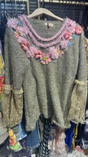 意大利冬季 立体花朵蕾丝花边金线重工毛衣 新品