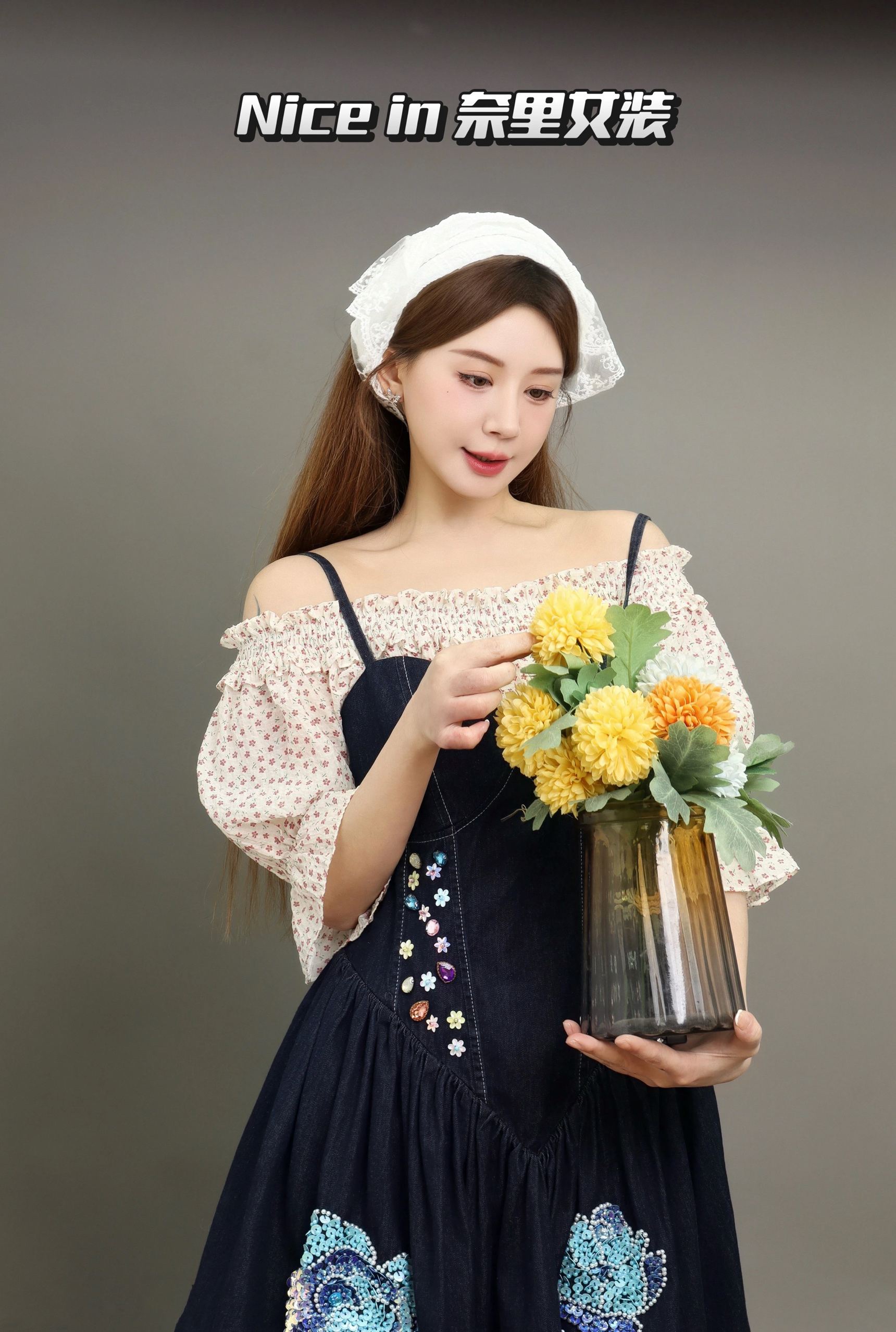 2025春夏新品重工珠片花朵碎花拼接牛仔假两件连衣裙