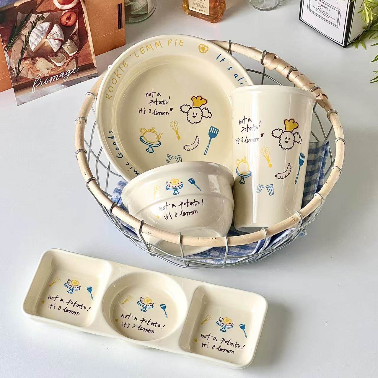 韩式ins小狗奶油陶瓷餐具沙拉早餐盘点心碟米饭碗盘早餐马克杯,餐饮具,盘,淘宝优惠券,粉丝福利购,淘宝优惠卷