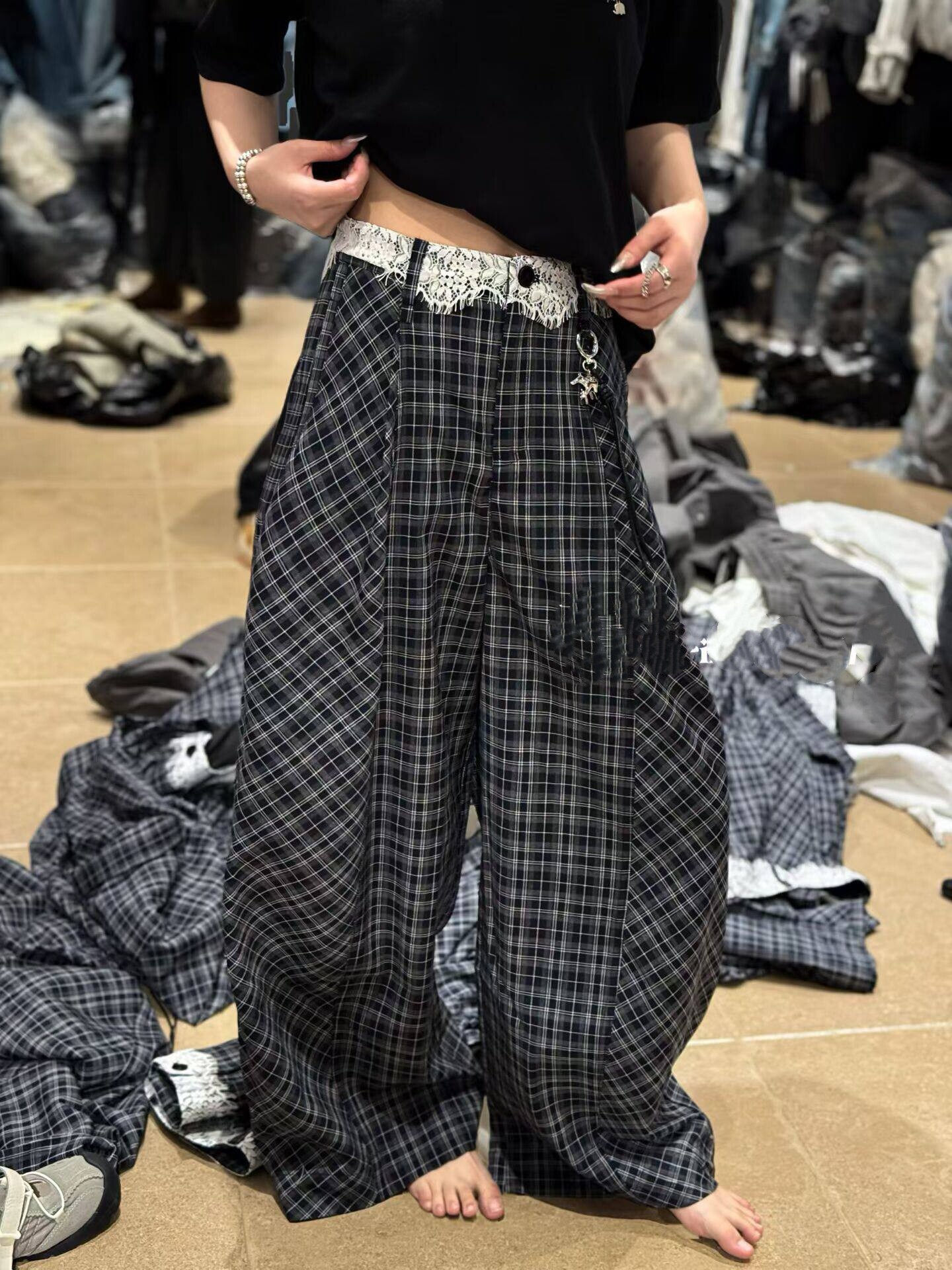 设计感蕾丝边腰头格子裤女欧洲站2026春夏薄款高腰阔腿裤长裤子潮