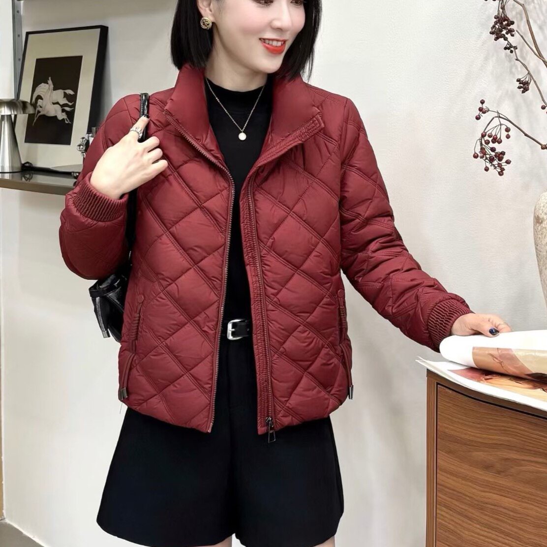 轻薄短款棉服女秋季新款立领菱格纹棉衣小个子显瘦修身百搭外套潮