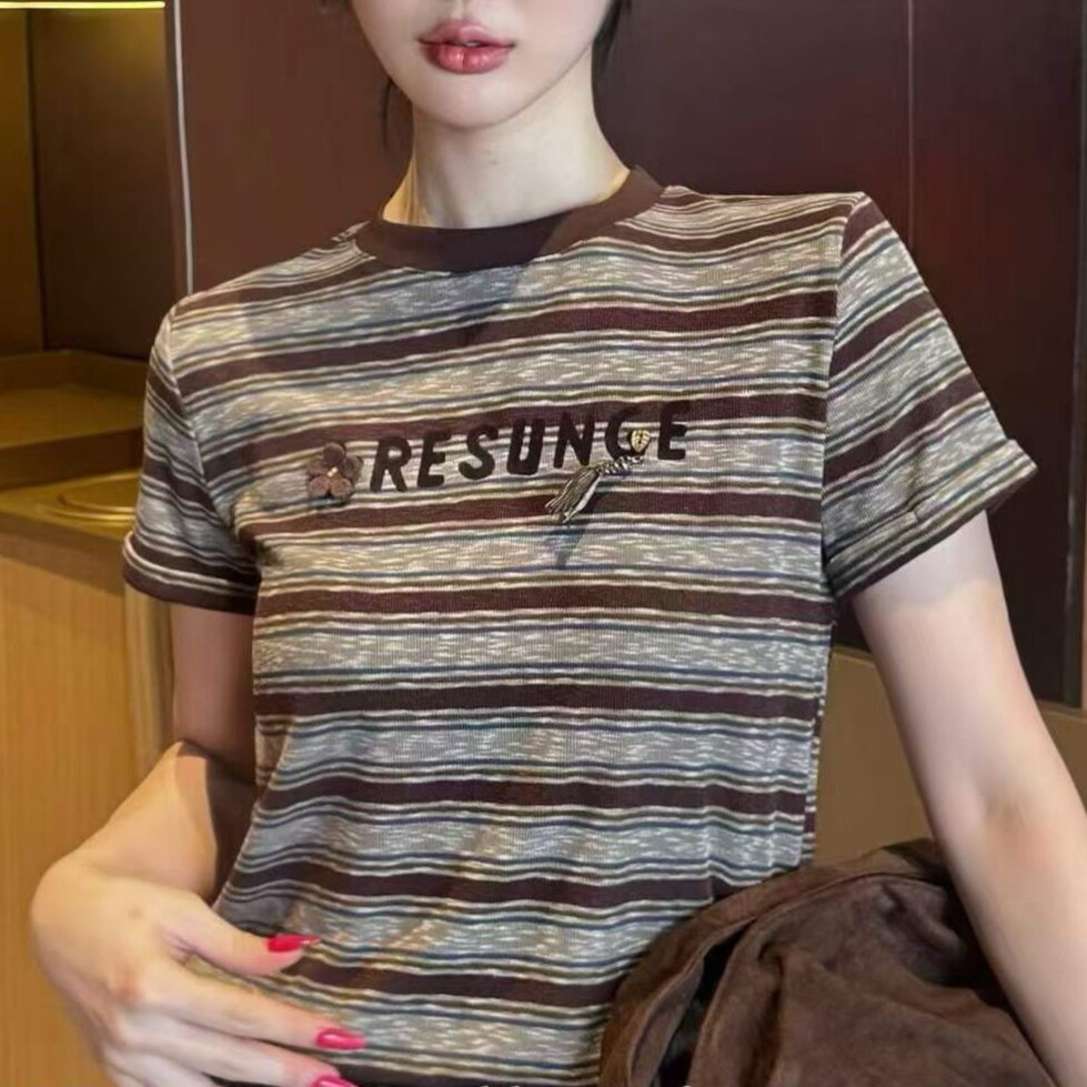 欧洲站2026秋季新款女圆领刺绣字母花朵百搭显瘦条纹短袖T恤图片