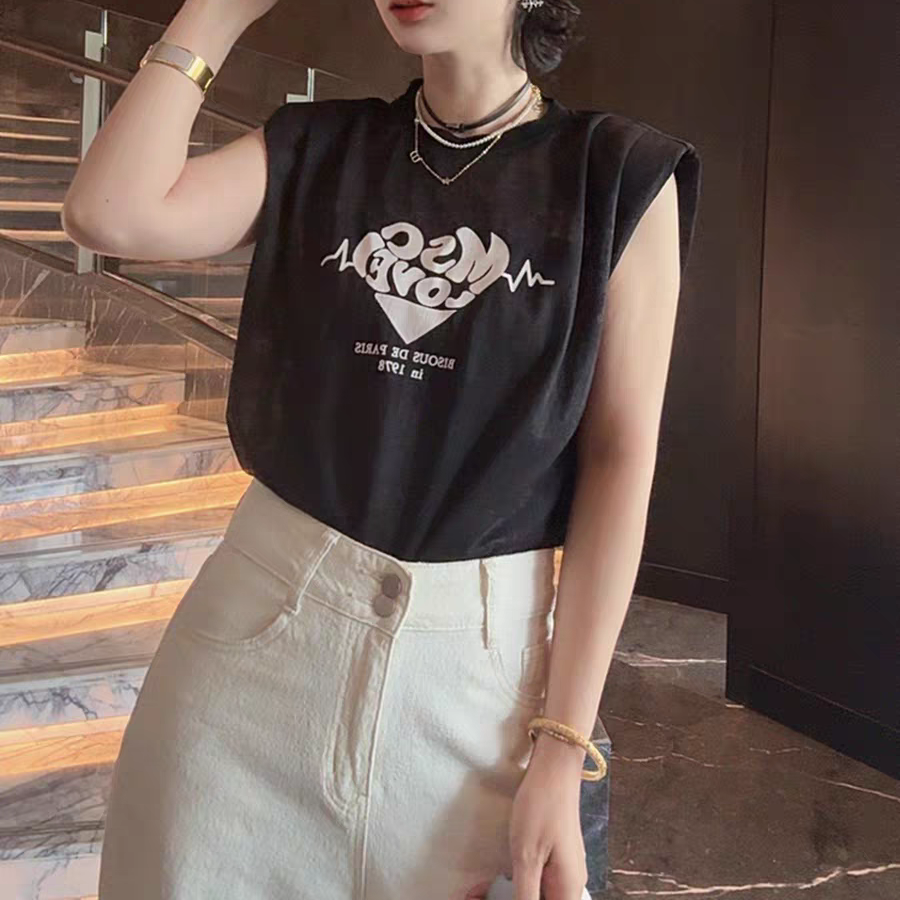 设计感小众上衣轻奢高级感减龄洋气时尚印花垫肩褶皱小飞袖背心夏