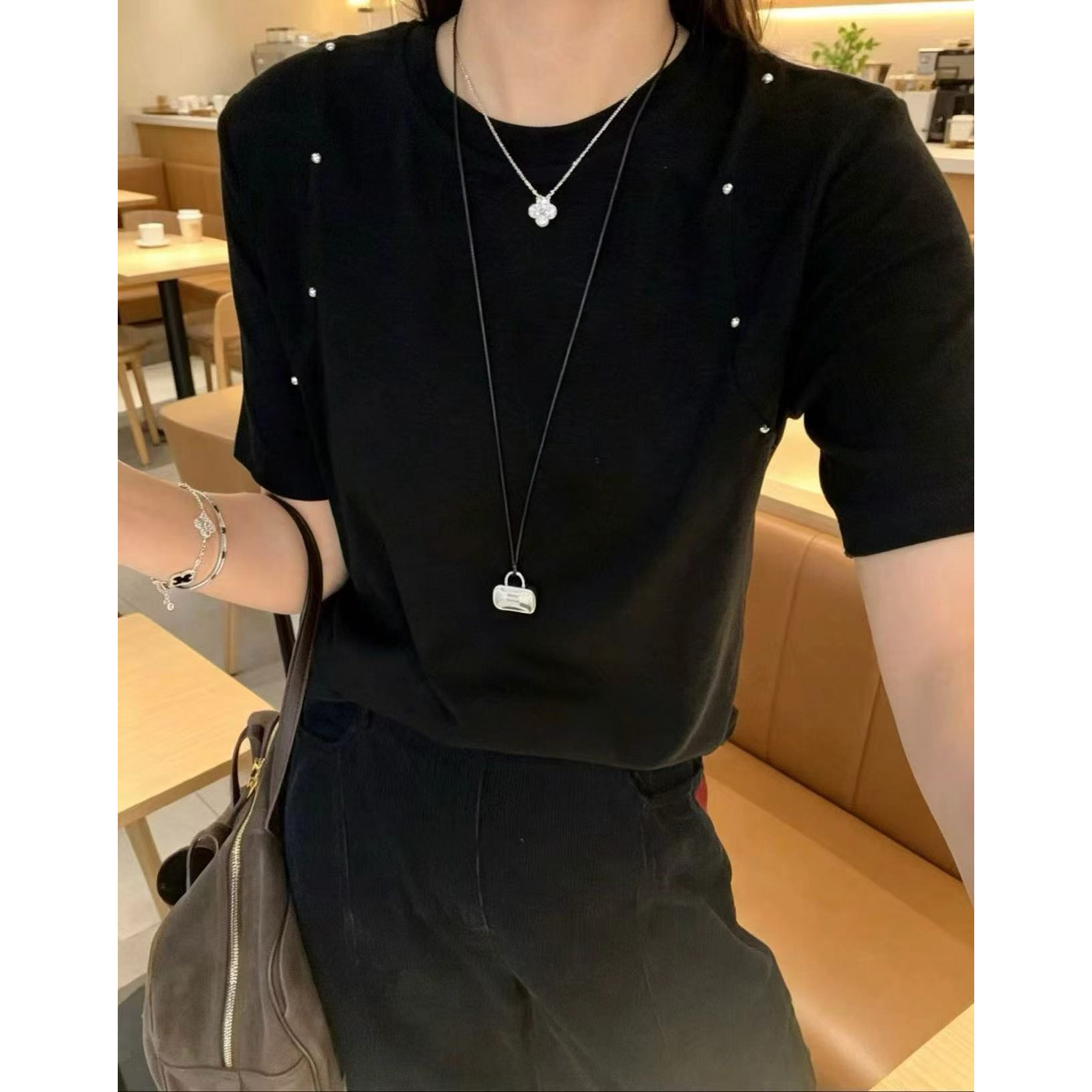 重工铆钉针织棉五分中袖T恤女欧洲站2026早秋新款欧货女洋气小衫