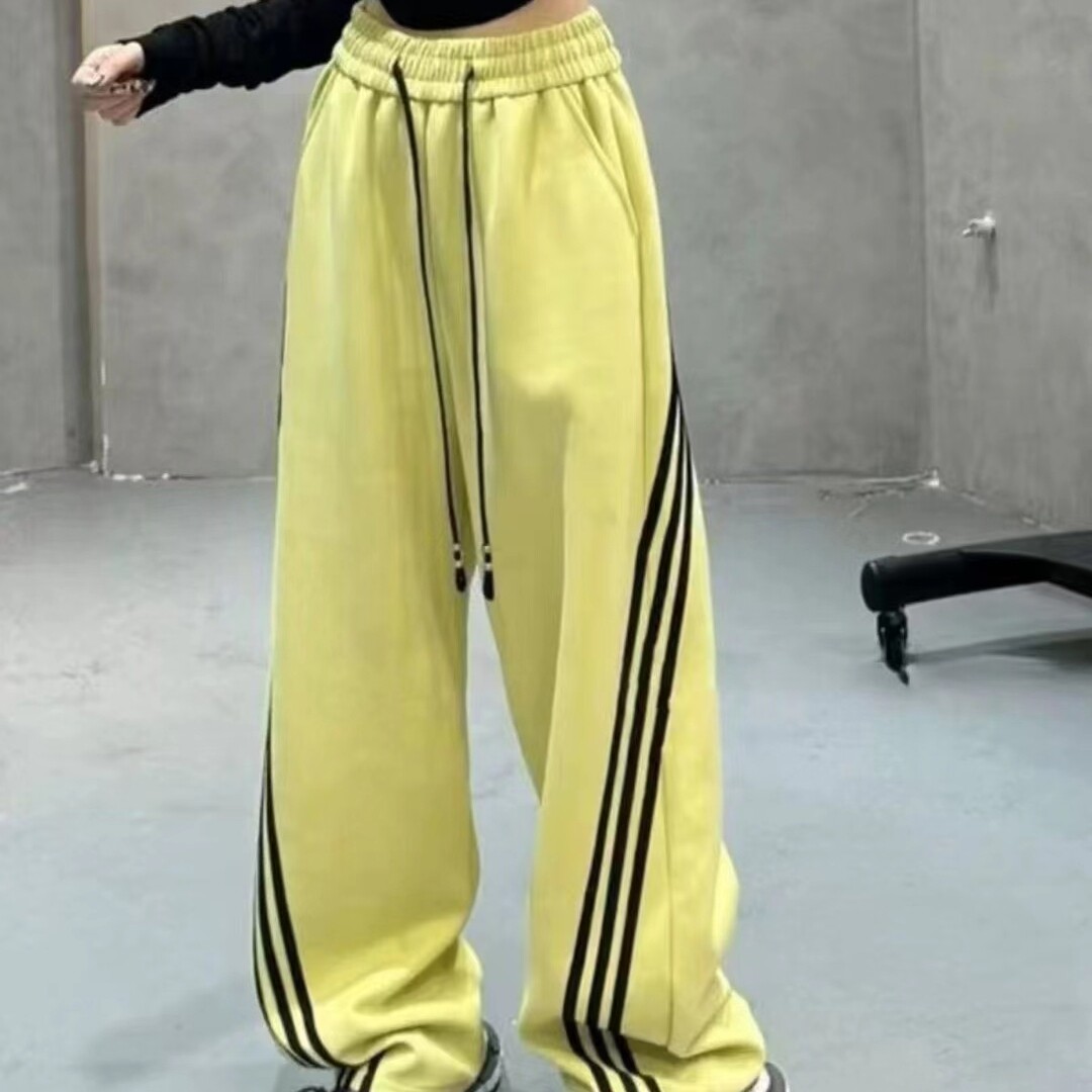 系带新款侧边条纹薄款长裤女春秋季松紧显瘦直筒运动休闲阔腿裤子